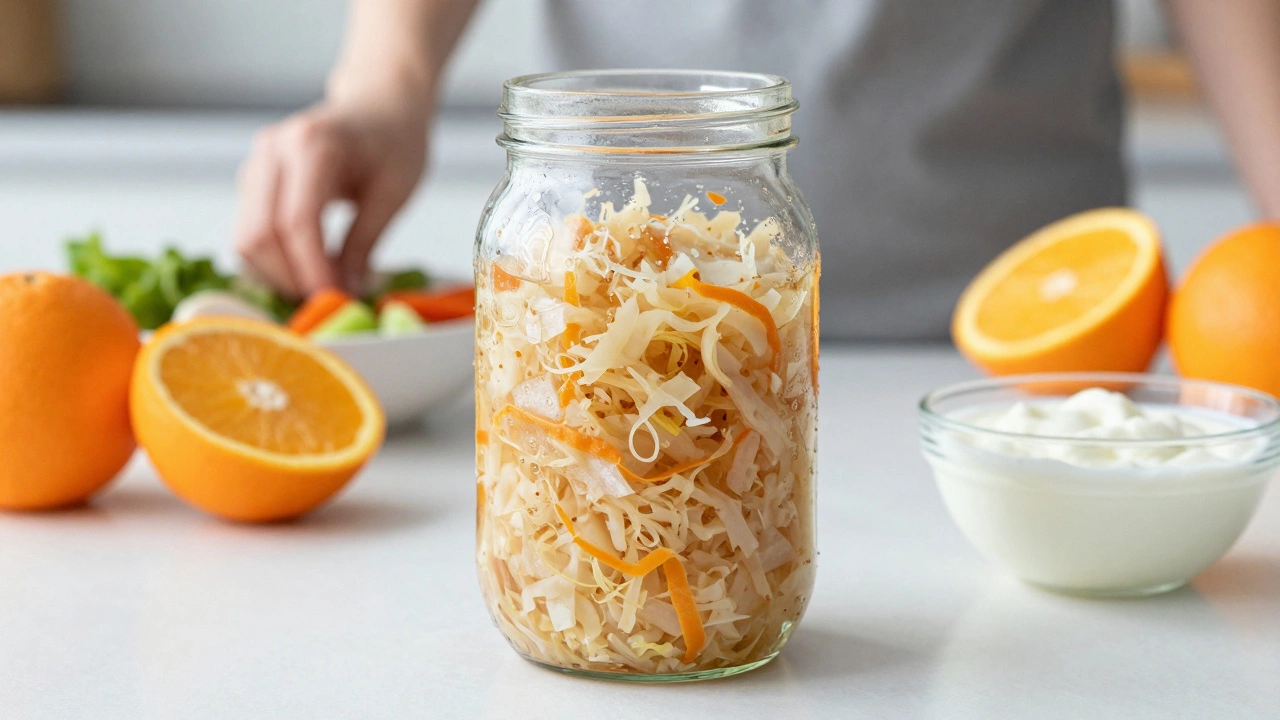 Банка с квашеной капустой и здоровые продукты на современной кухне